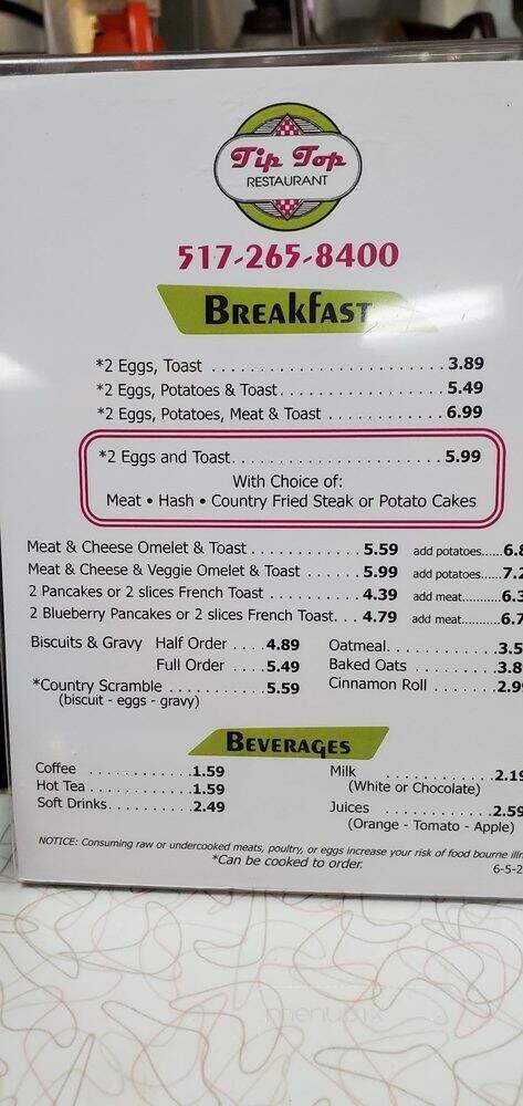 Tip Top Restaurant - Adrian, MI menu_pic