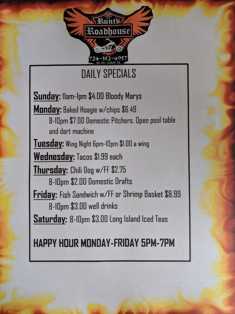 Runts Roadhouse - Sarver, PA menu_pic