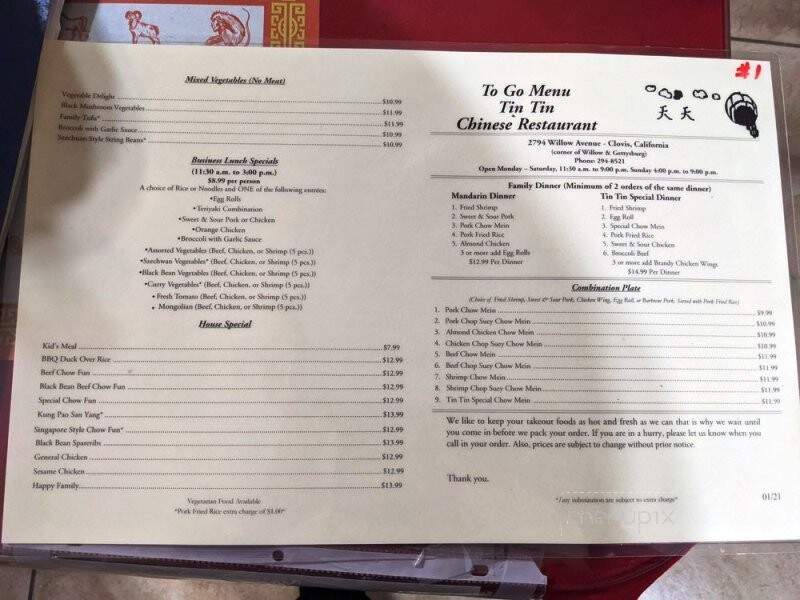 Tin Tin Restaurant - Clovis, CA menu_pic