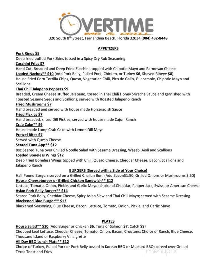 Overtime Bar and Grill - Fernandina Beach, FL menu_pic