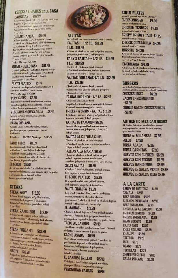 Faby's Restaurant 2 - Conway, AR menu_pic