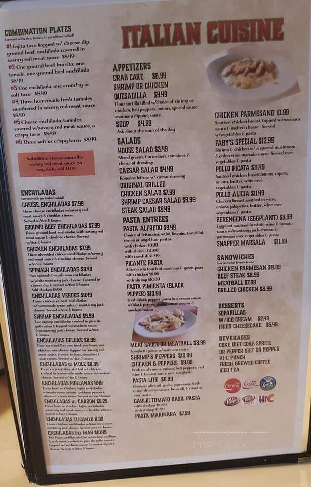 Faby's Restaurant 2 - Conway, AR menu_pic