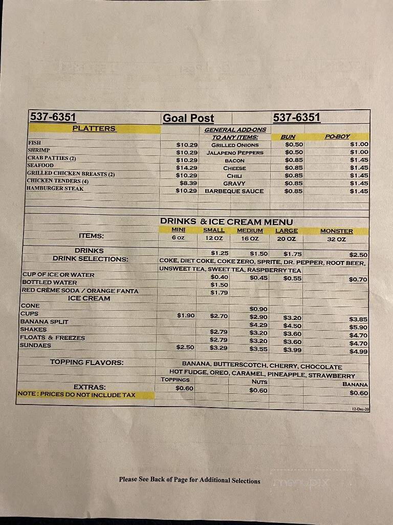 Goal Post Drive Inn - Raceland, LA menu_pic