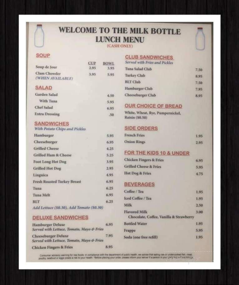 Milk Bottle Restaurant - Raynham, MA menu_pic