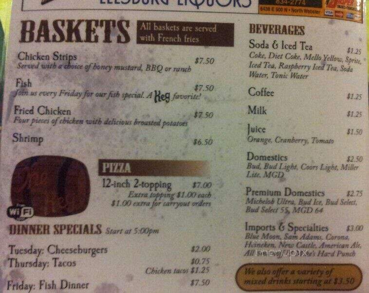 Keg Tavern - Leesburg, IN menu_pic