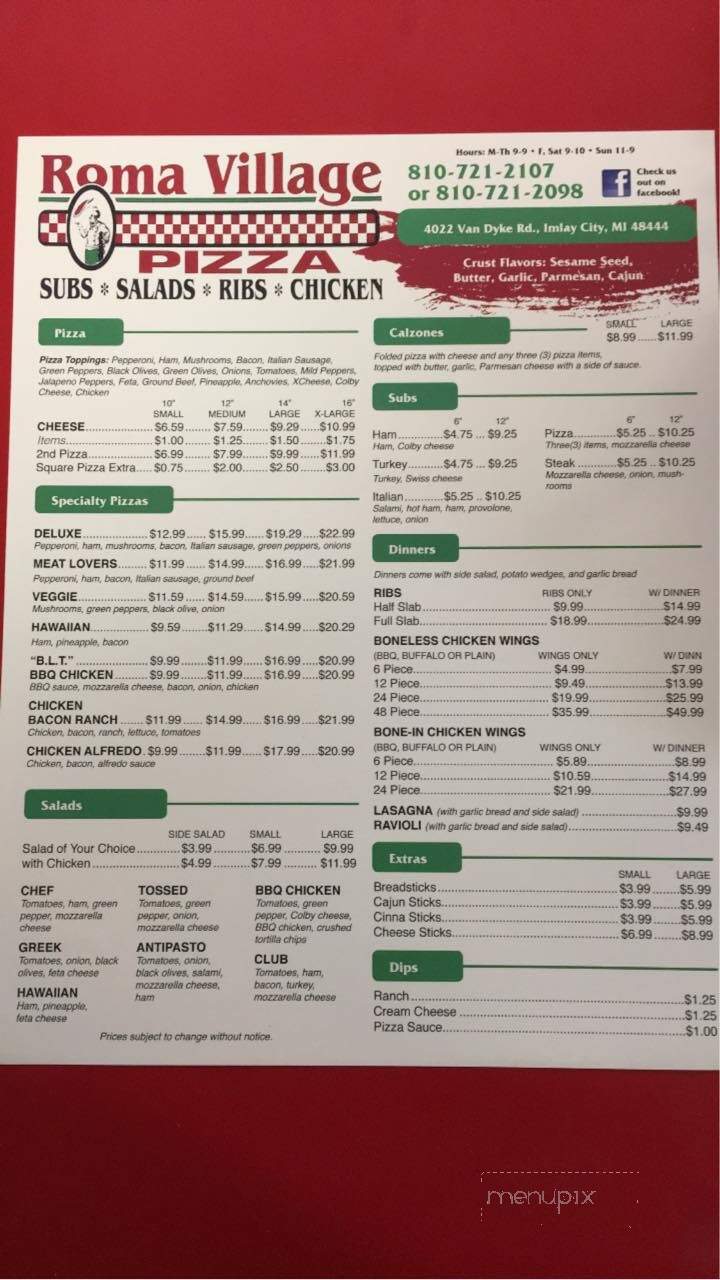 Roma Village Pizza - Imlay City, MI menu_pic