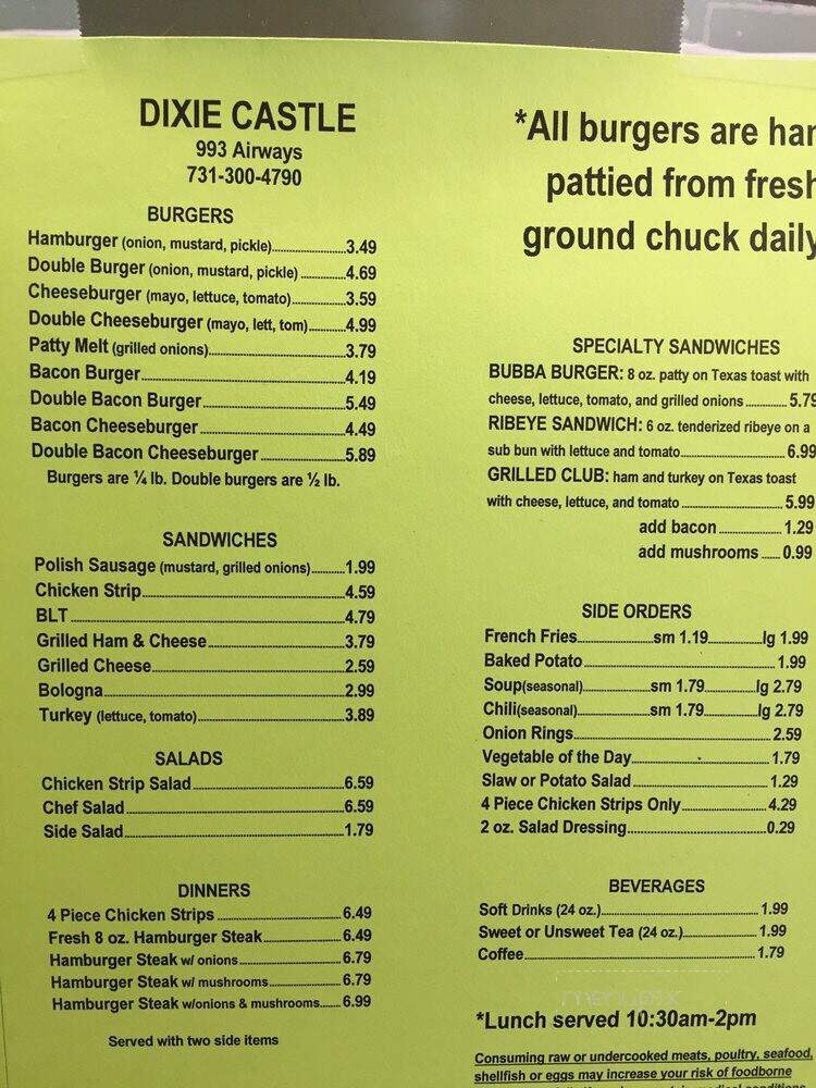 Dixie Castle II - Jackson, TN menu_pic