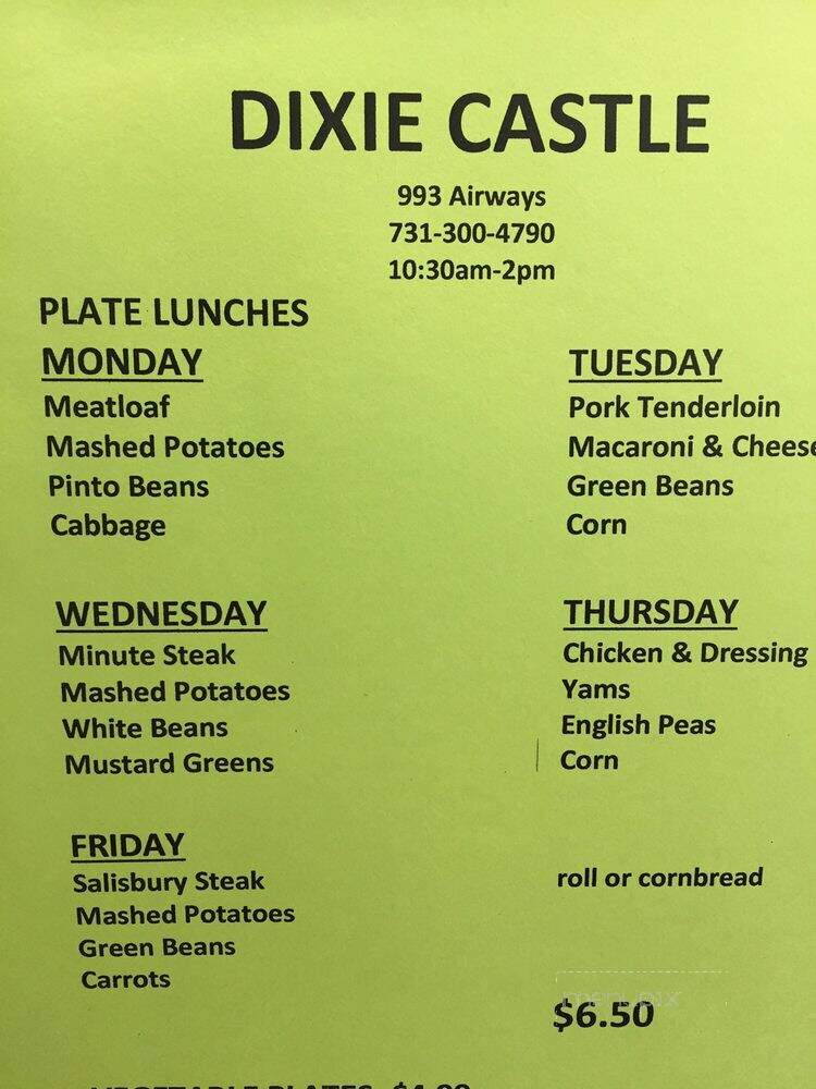 Dixie Castle II - Jackson, TN menu_pic