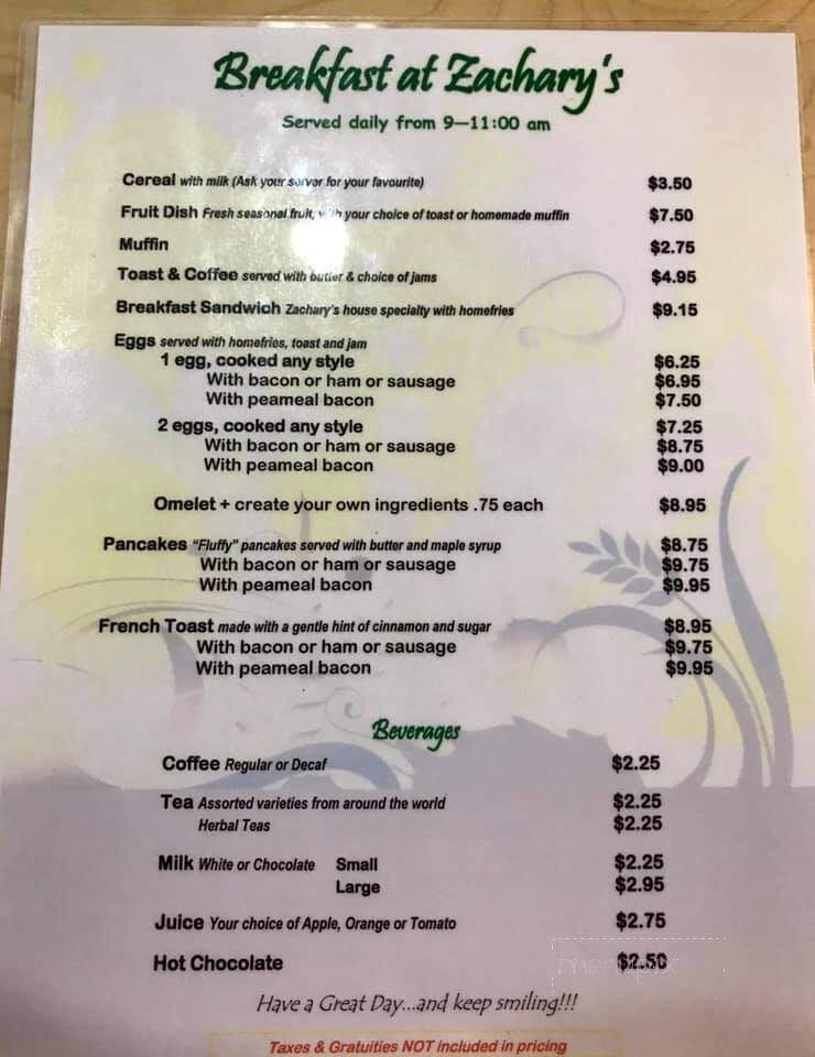 Zachary's Restaurant - Dorset, ON menu_pic