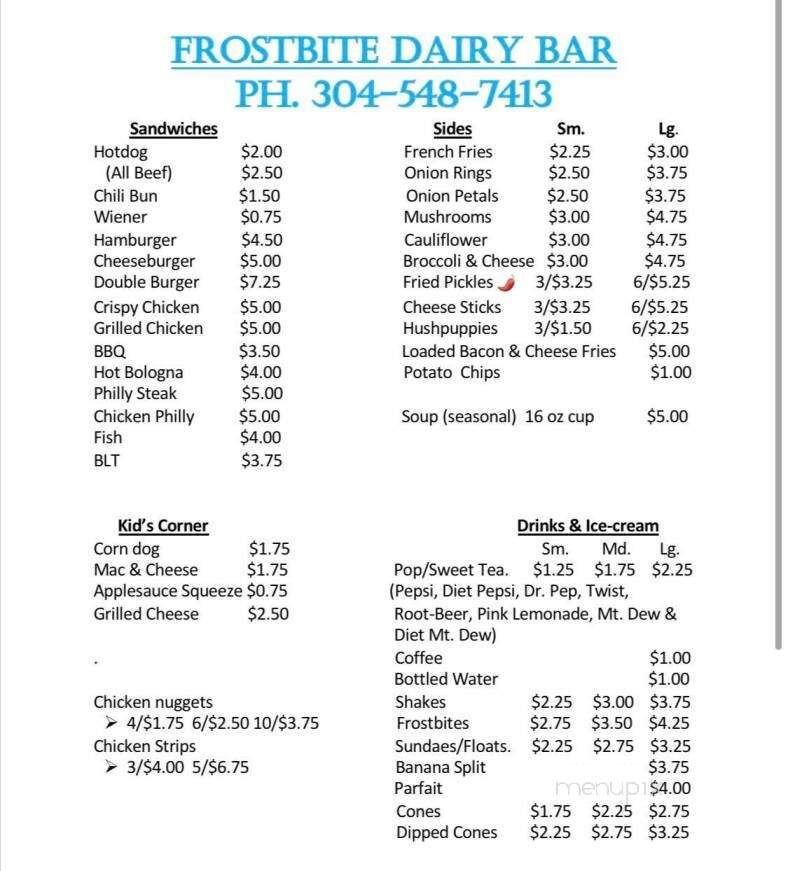 Frostbite Dairy Bar - Clendenin, WV menu_pic