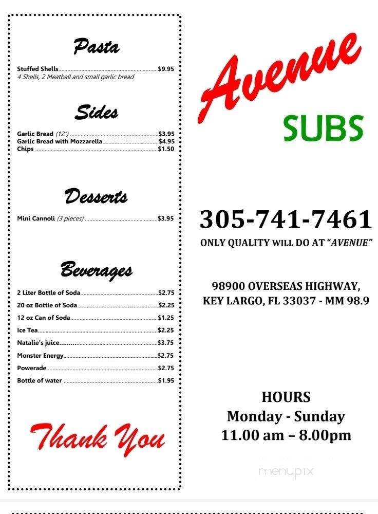 Avenue Subs - Key Largo, FL menu_pic