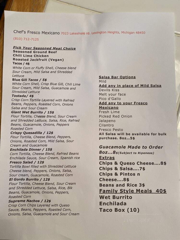 Chef's Fresco Mexicano - Lakeport, MI menu_pic