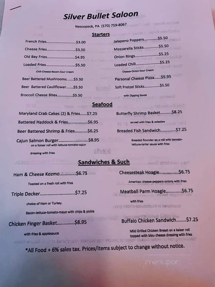 Silver Bullet Saloon - Nescopeck, PA menu_pic