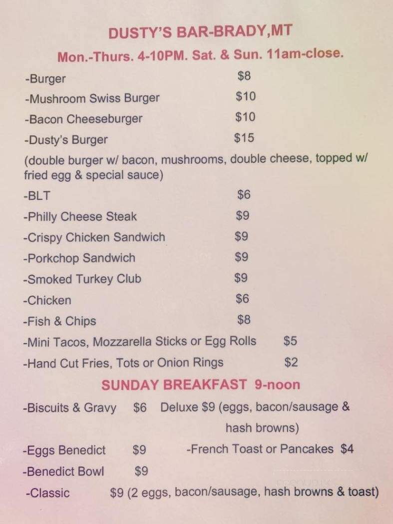 Dusty's Bar - Brady, MT menu_pic
