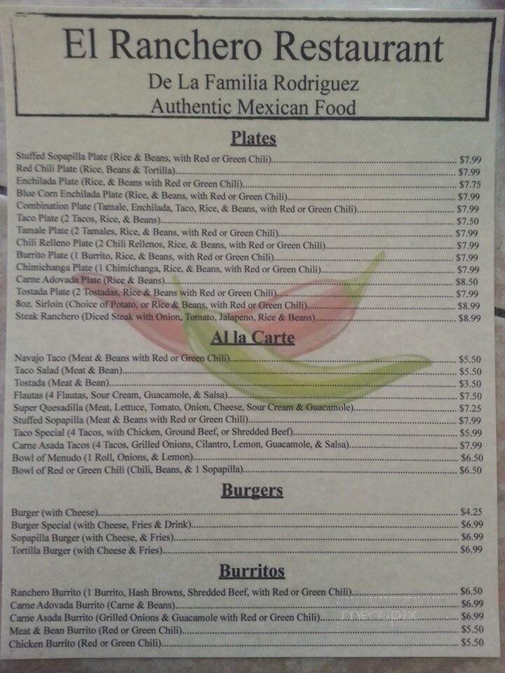 El Ranchero Cafe - Milan, NM menu_pic