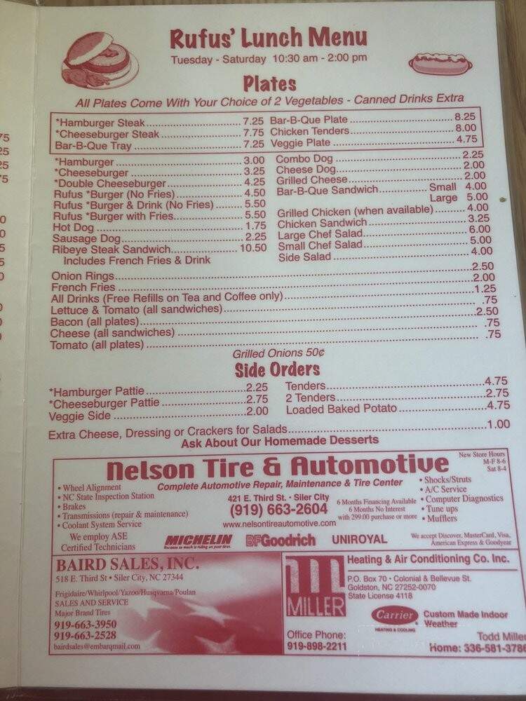 Rufus' Restaurant - Goldston, NC menu_pic