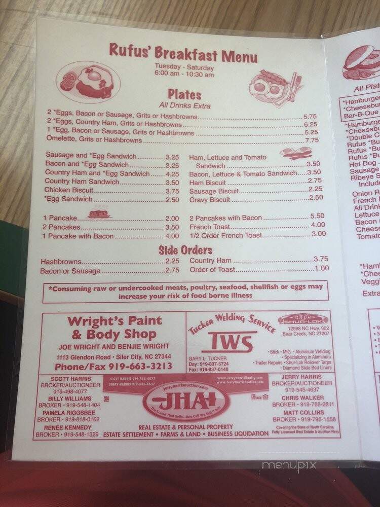 Rufus' Restaurant - Goldston, NC menu_pic