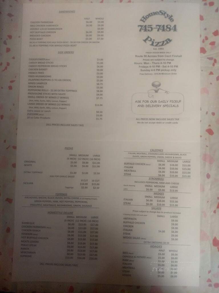 Homestyle Pizza - Cecil, PA menu_pic