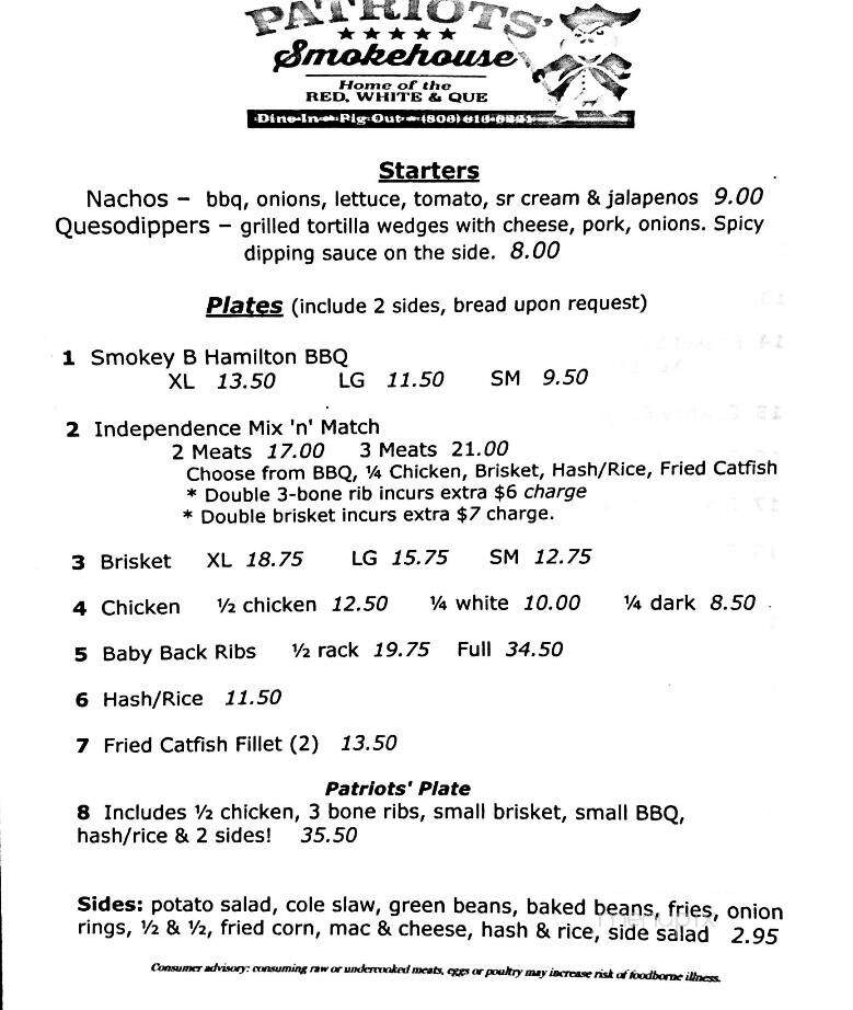 Patriots Smokehouse - Clarks Hill, SC menu_pic