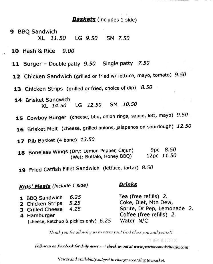 Patriots Smokehouse - Clarks Hill, SC menu_pic