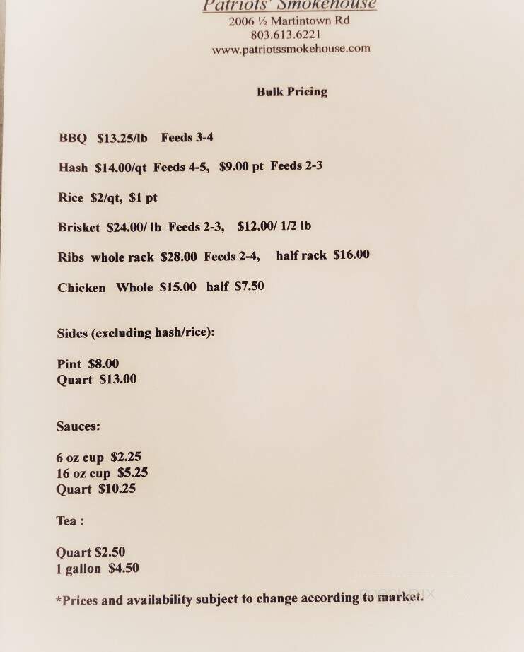 Patriots Smokehouse - Clarks Hill, SC menu_pic