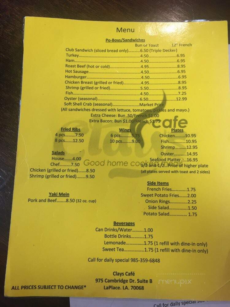 Clay's Cafe - metairie, LA menu_pic