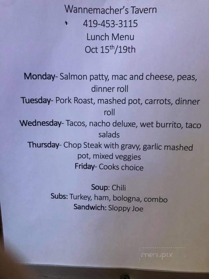 Wannemacher's Tavern - Ottoville, OH menu_pic