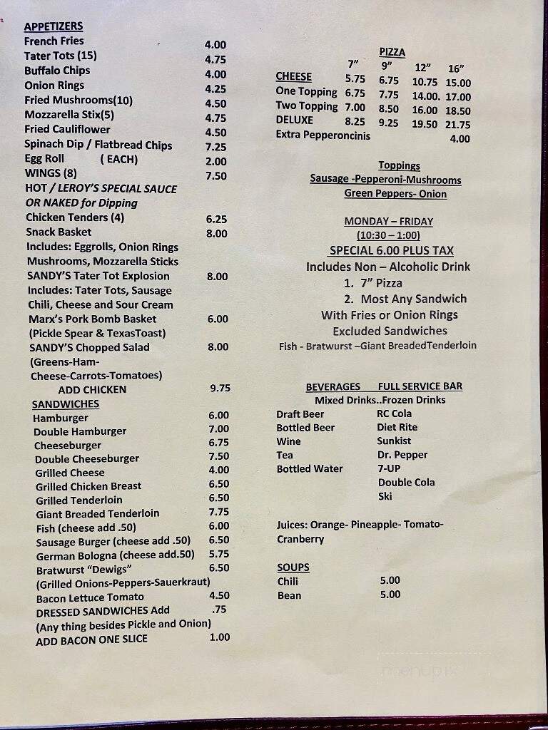 Leroy's Tavern - Evansville, IN menu_pic