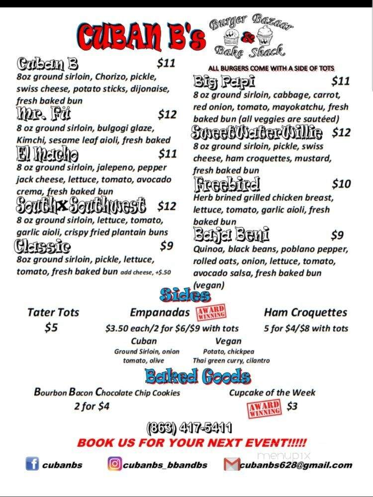 Cuban B's Burger Bazaar & Bake Shack - Lakeland, FL menu_pic