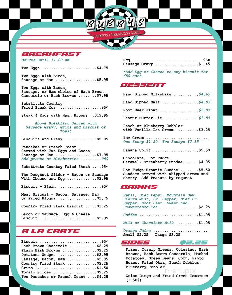 Bubby's Diner - Huntsville, AL menu_pic