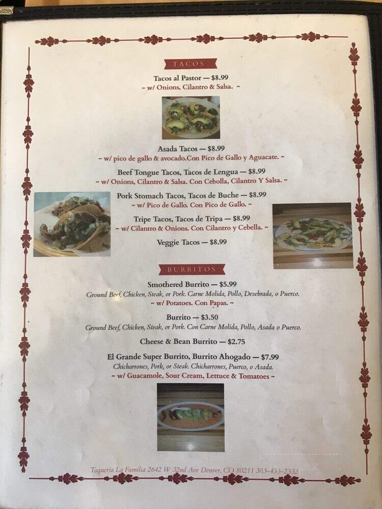 Taqueria la Familia - Denver, CO menu_pic