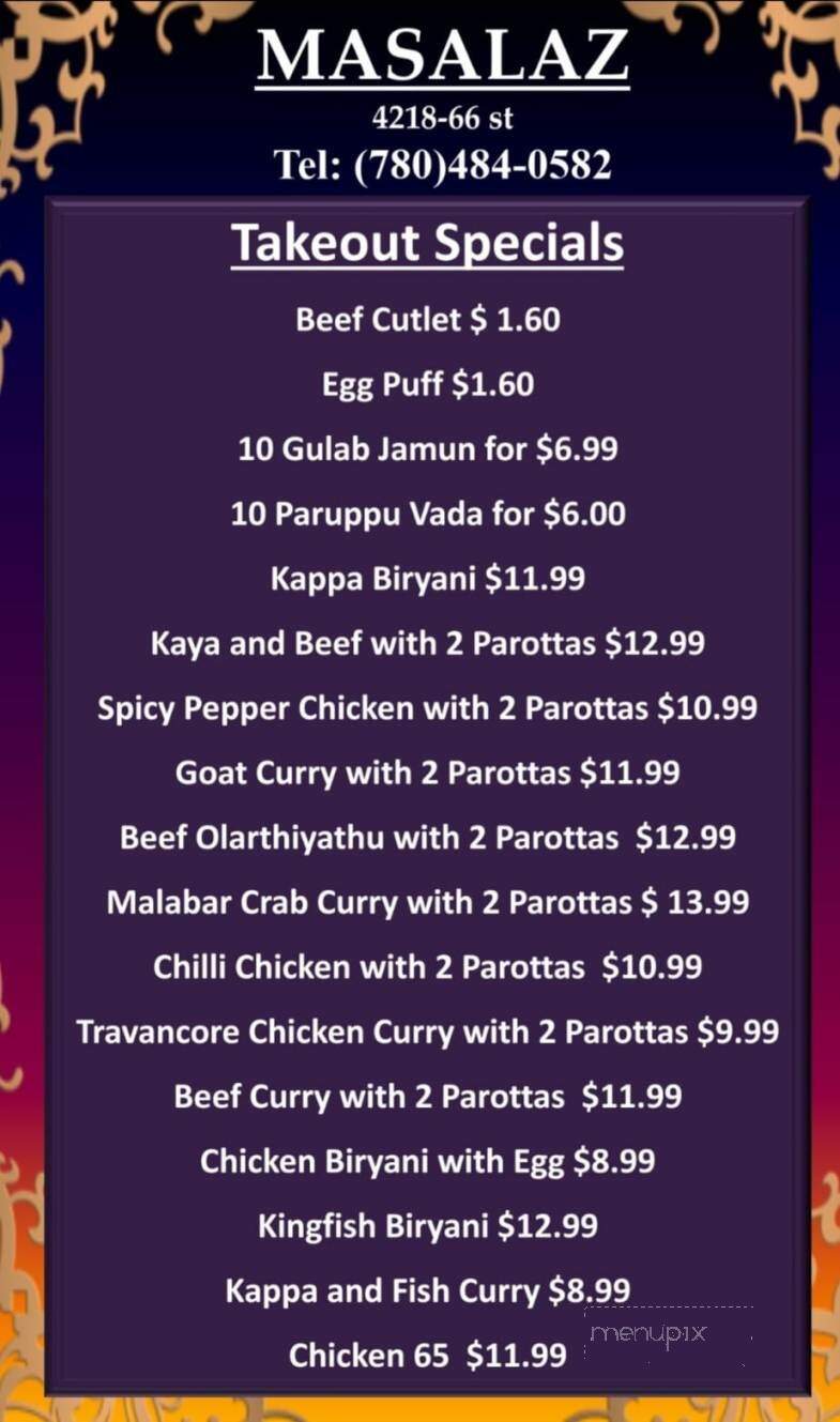 Masalaz Restaurant - Edmonton, AB menu_pic