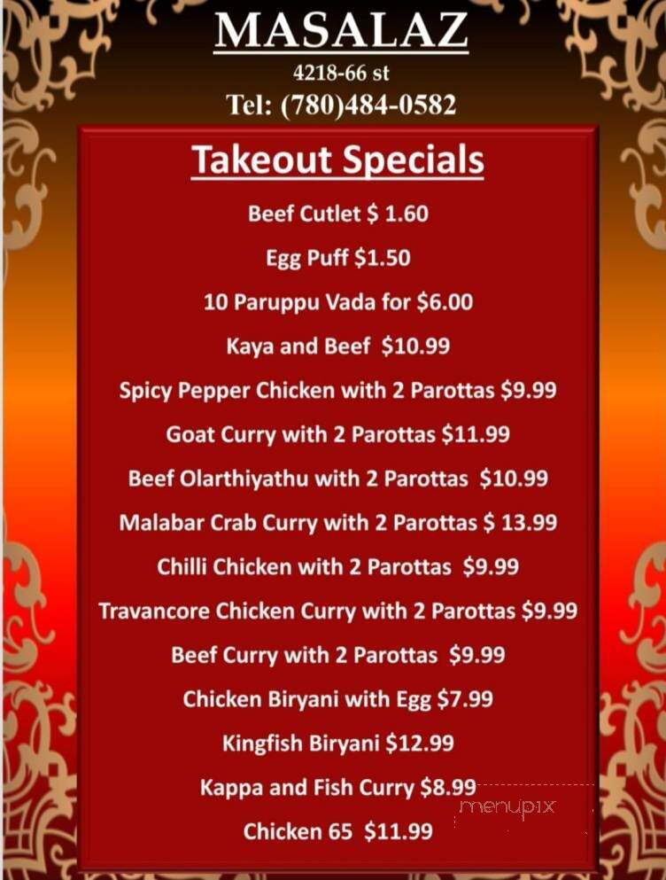 Masalaz Restaurant - Edmonton, AB menu_pic