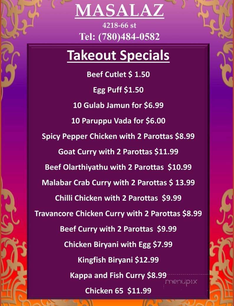 Masalaz Restaurant - Edmonton, AB menu_pic