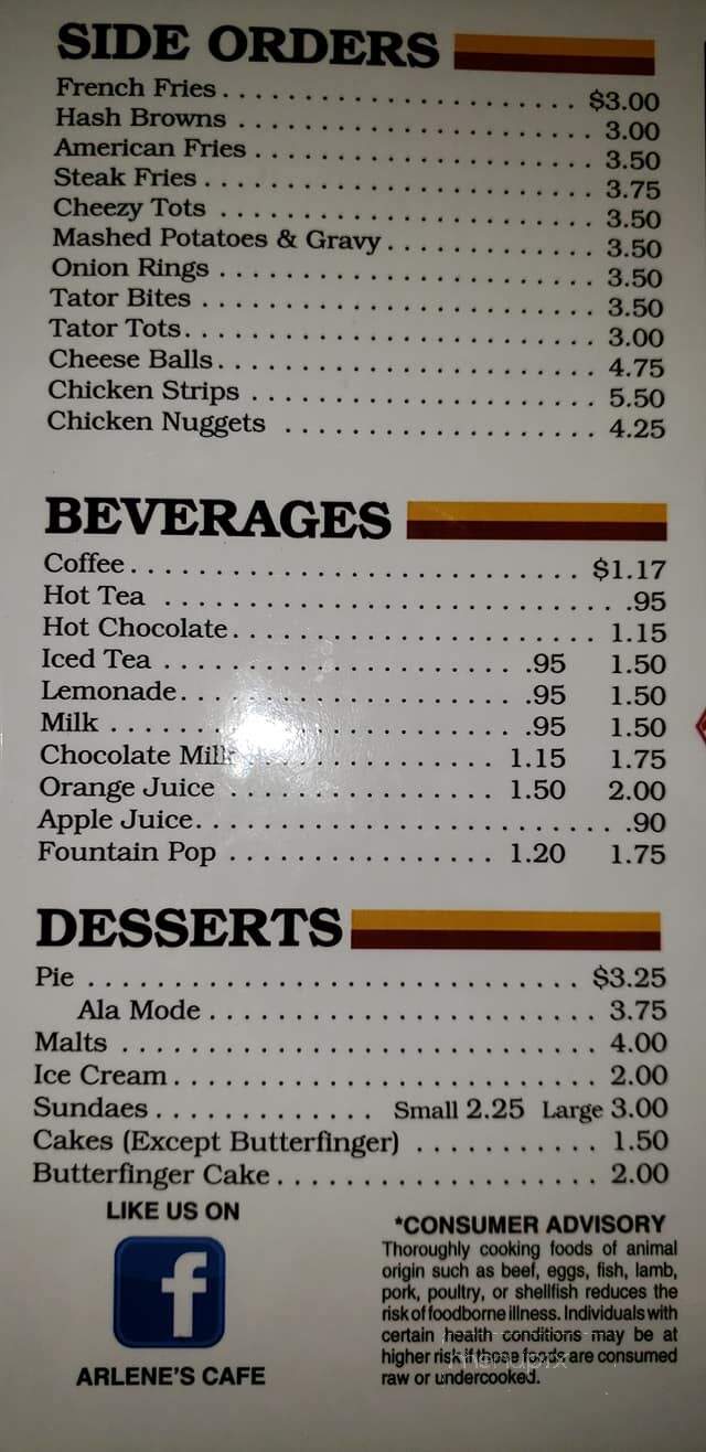 Arlene's Sunny Side Cafe - Alcester, SD menu_pic