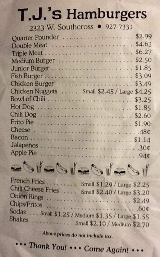 T J's Hamburgers - San Antonio, TX menu_pic