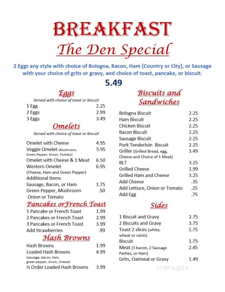 Lion's Den Restaurant - Boaz, AL menu_pic