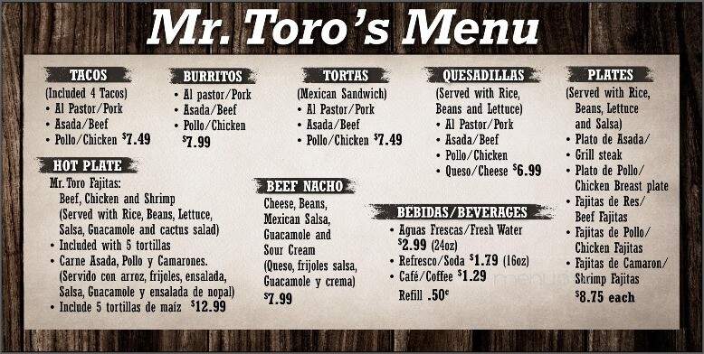 Mr. Toro Bakery and Taqueria - Wilkesboro, NC menu_pic