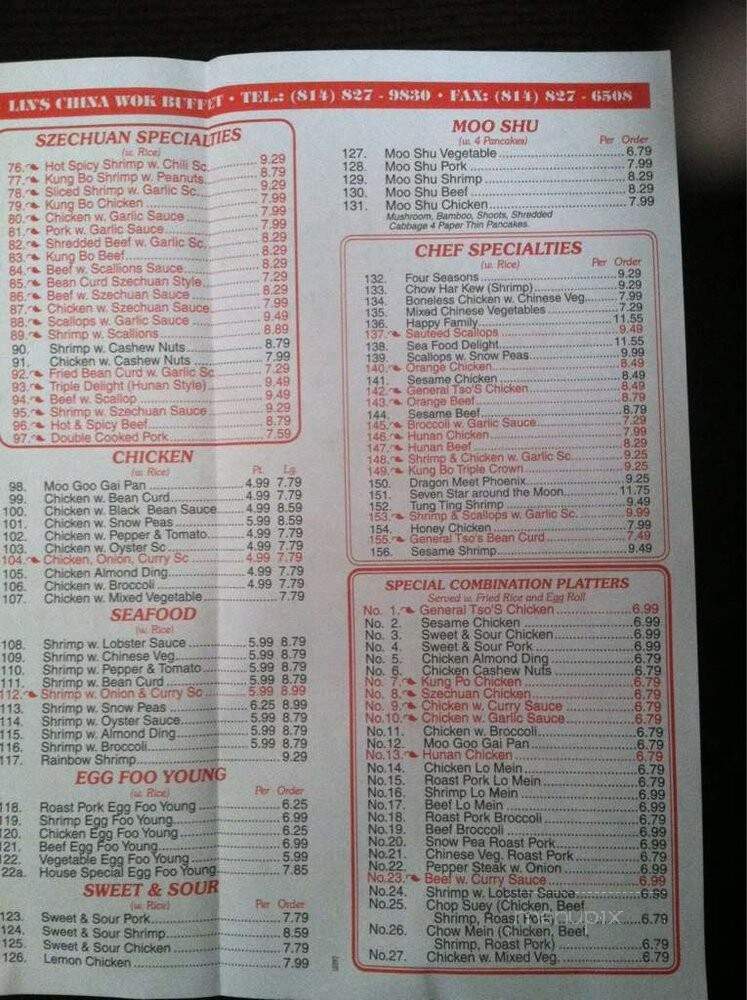 Lin's China Wok Buffet - Titusville, PA menu_pic