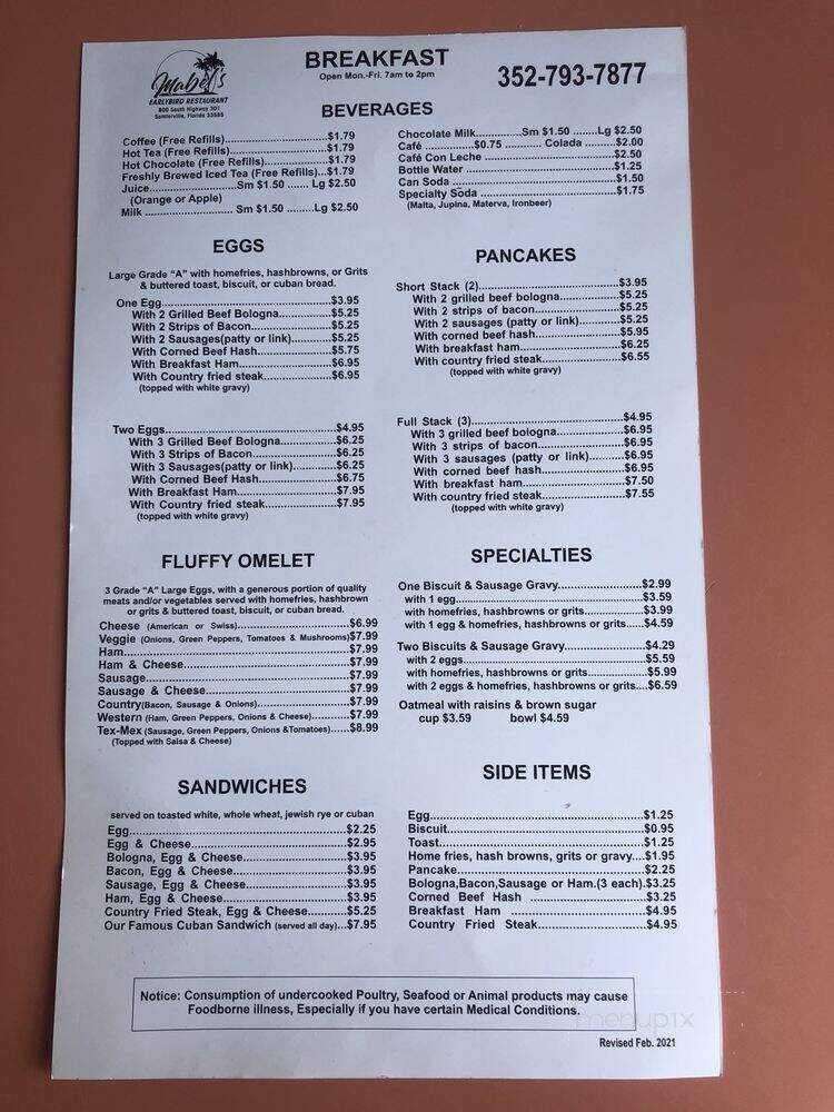 Mabel's Early Bird Restaurant - Sumterville, FL menu_pic
