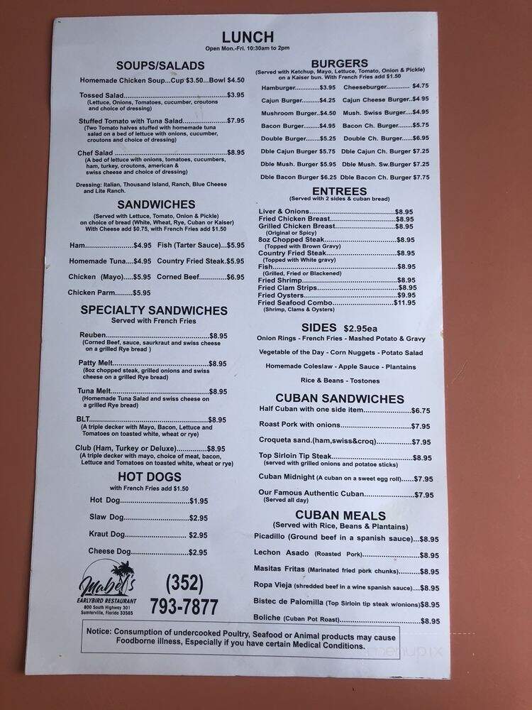 Mabel's Early Bird Restaurant - Sumterville, FL menu_pic