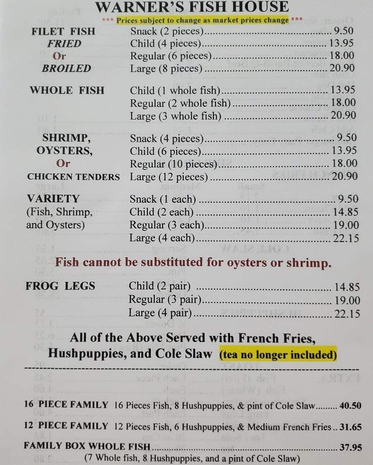 Warner's Fish House - Bogalusa, LA menu_pic