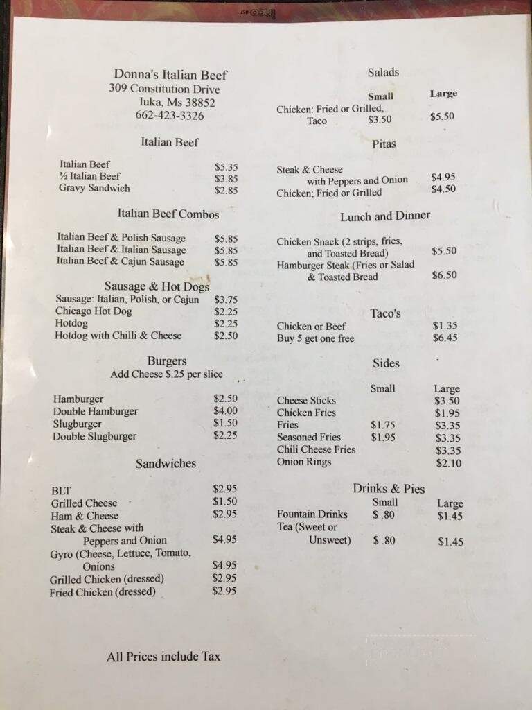 Menu of Donnas Italian Beef in Iuka