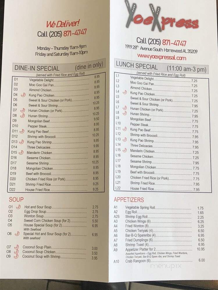 Yoe Xpress - Homewood, AL menu_pic