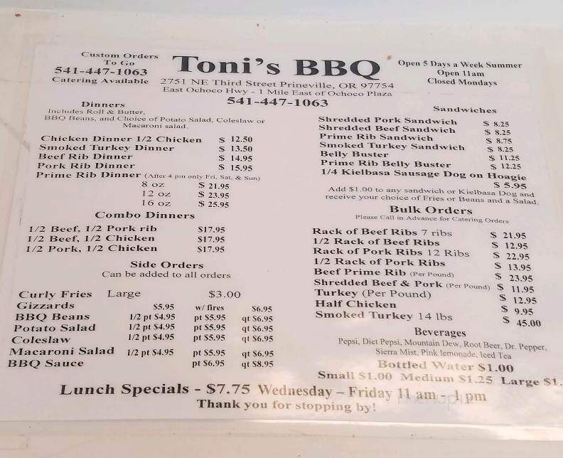 Toni's Bar-B-Que - Prineville, OR menu_pic