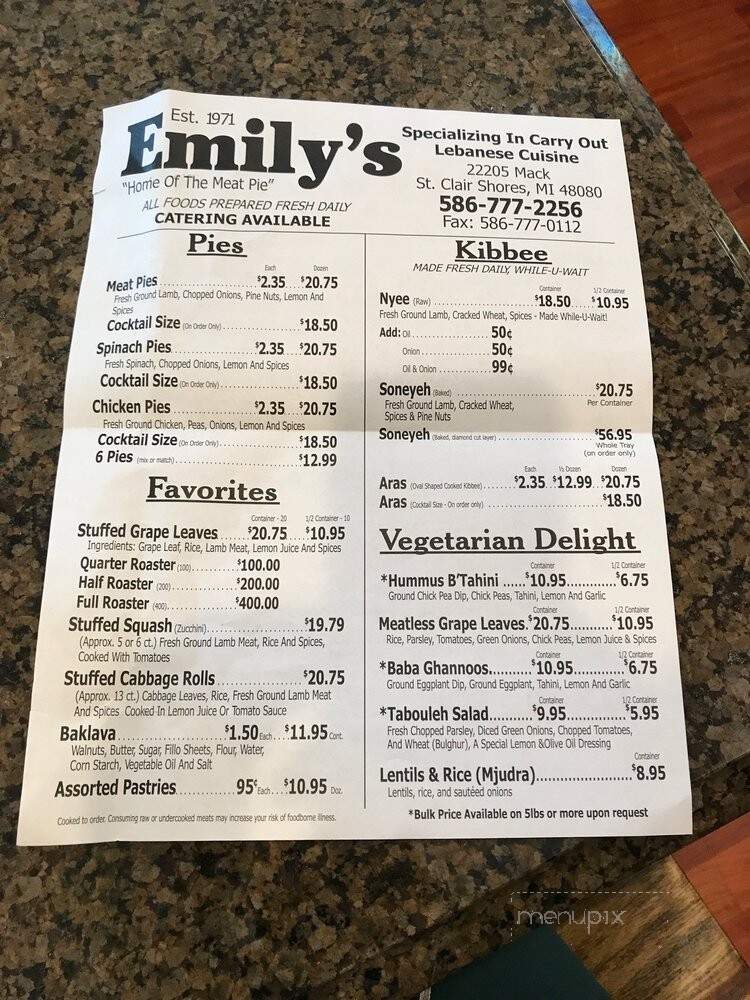 Emily's Delicatessen - St Clair Shores, MI menu_pic