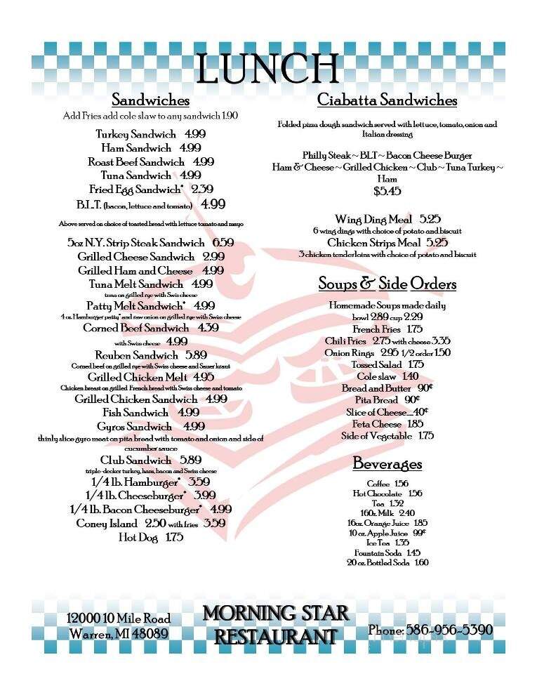 Morning Star Restaurant - Warren, MI menu_pic