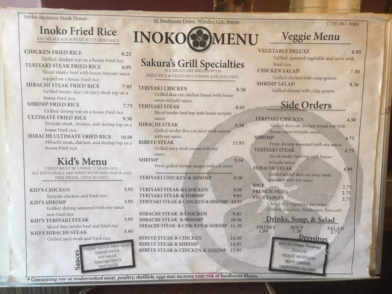 Inoko Japanese Steakhouse - Winder, GA menu_pic