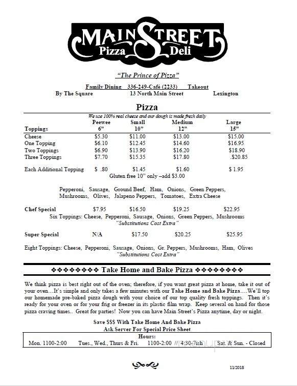 Online Menu of Main Street Pizza & Deli, Lexington, NC