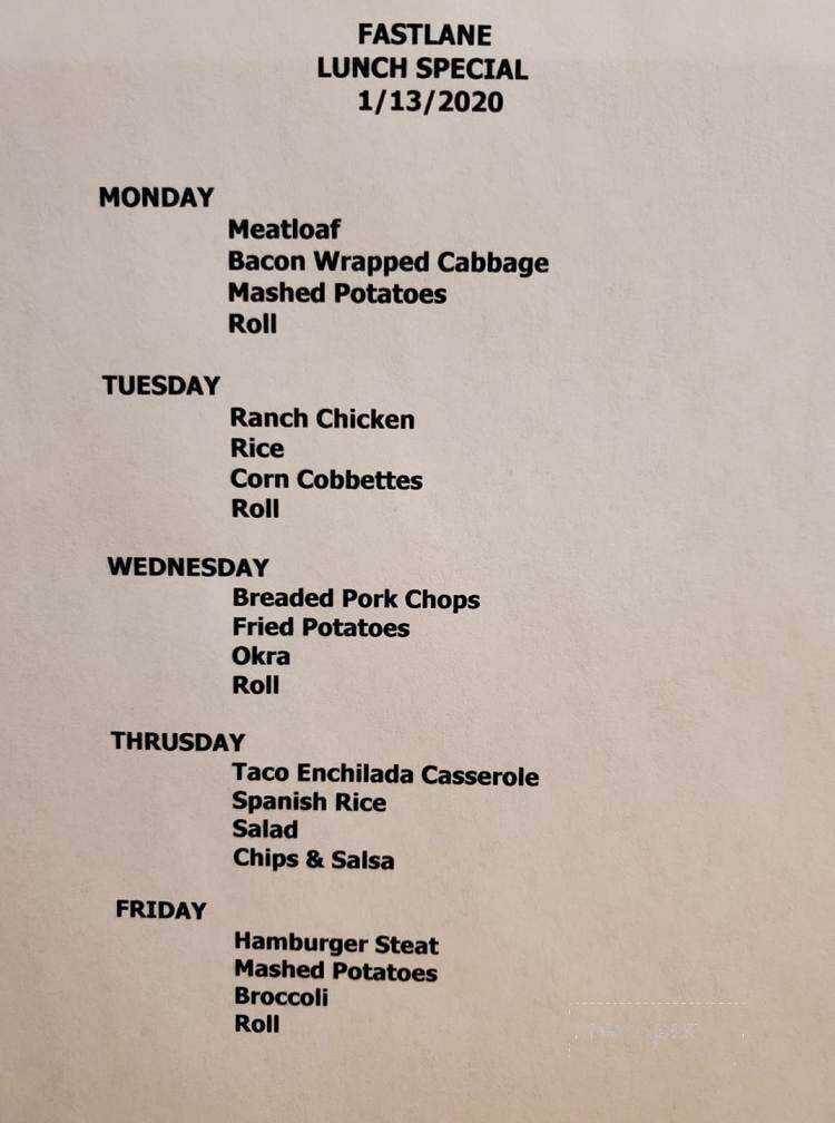 Fast Lane - Broken Bow, OK menu_pic